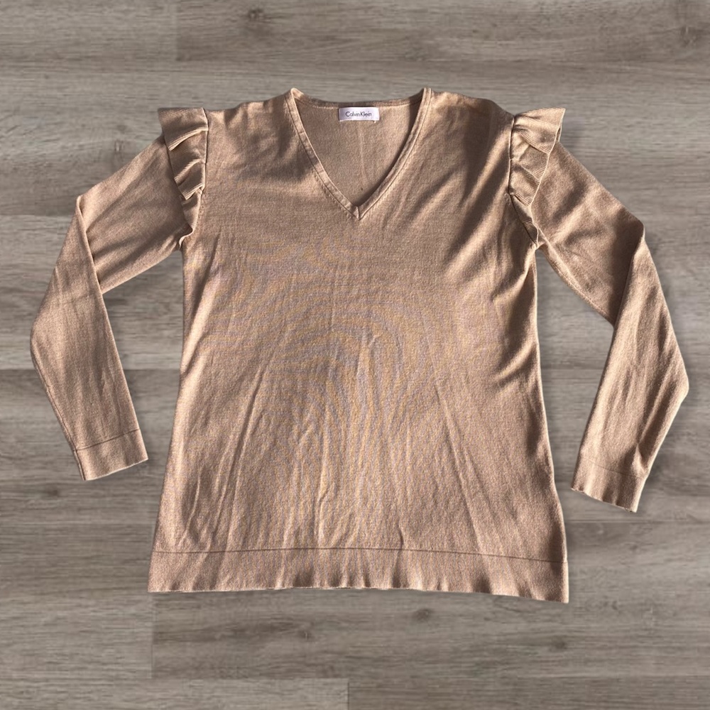 Calvin Klein Women’s Ruffled Knit V Neck Sweater